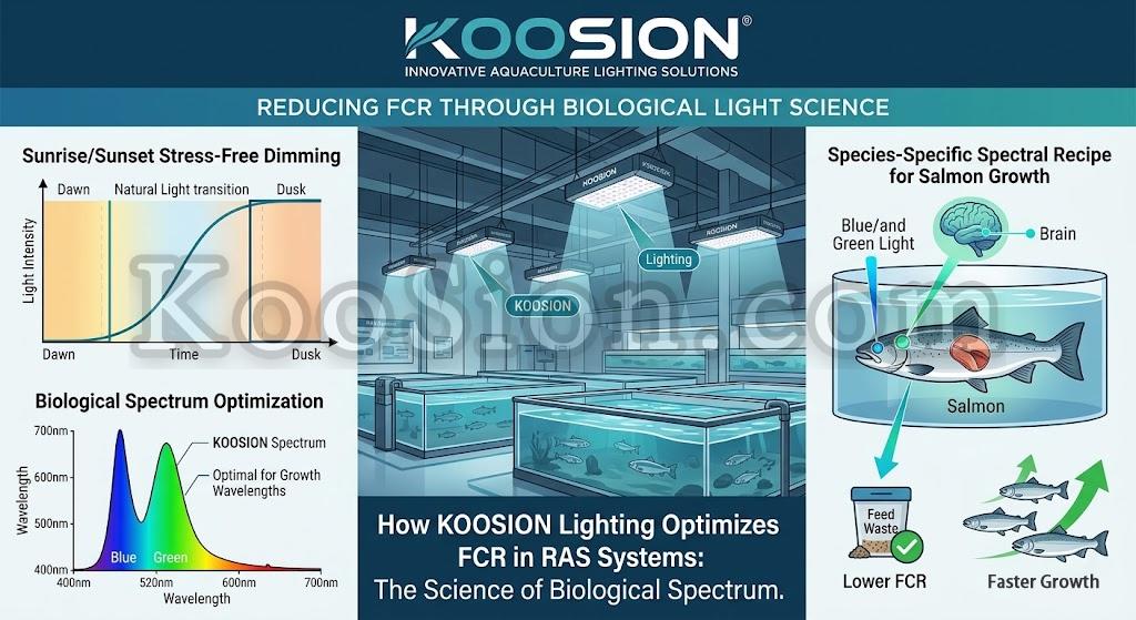 KOOSION aquaculture lighting system infographic: optimizing FCR in RAS through biological spectrum, sunrise/sunset dimming, and species-specific salmon light recipes. KOOSION aquaculture lighting system infographic: optimizing FCR in RAS through biological spectrum, sunrise/sunset dimming, and species-specific salmon light recipes.
